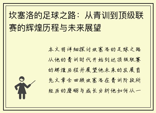 坎塞洛的足球之路：从青训到顶级联赛的辉煌历程与未来展望